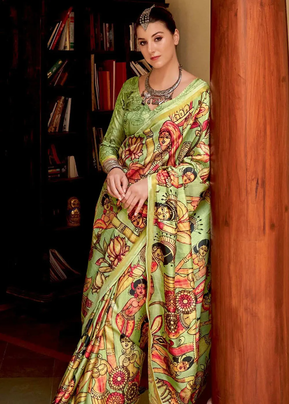 Pistachio Green Printed Soft Silk Saree