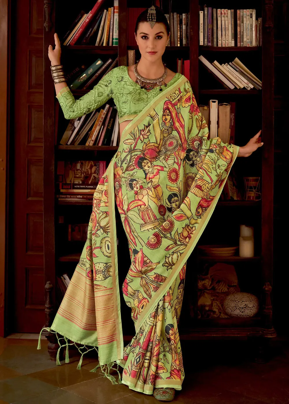 Pistachio Green Printed Soft Silk Saree