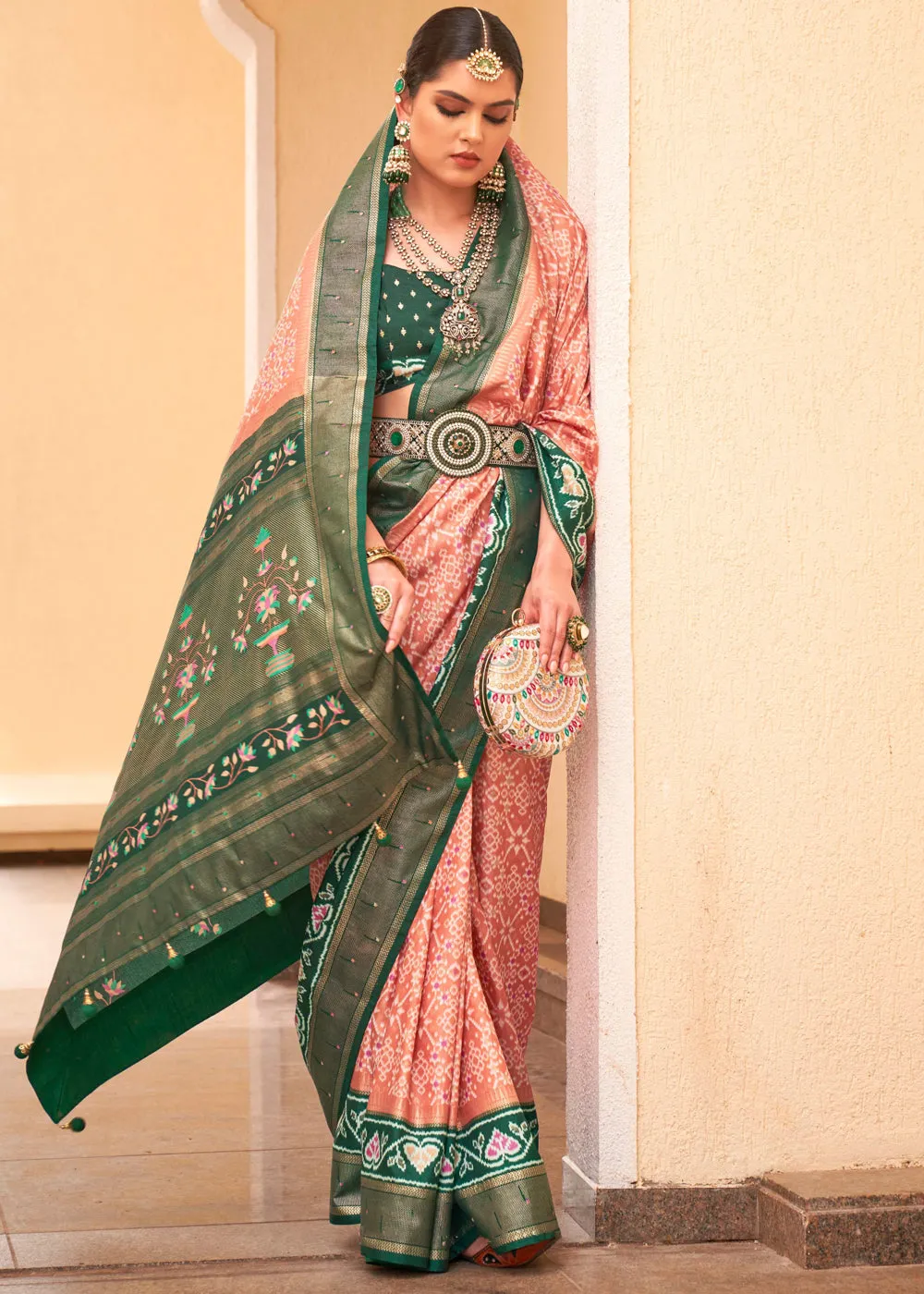 Plum Peach Printed Patola Soft Silk Saree