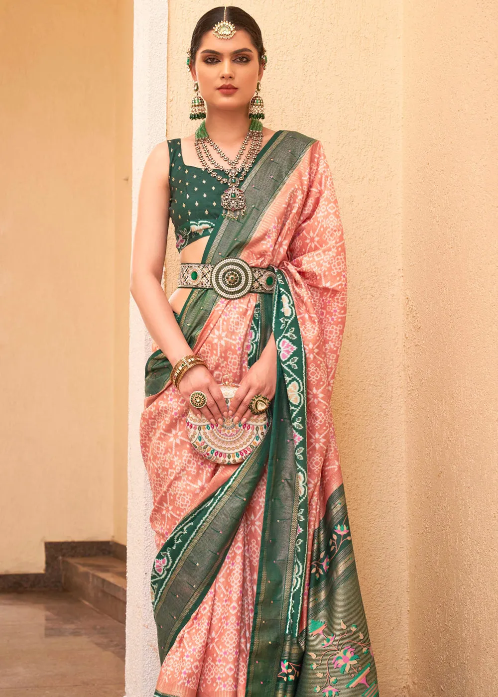 Plum Peach Printed Patola Soft Silk Saree