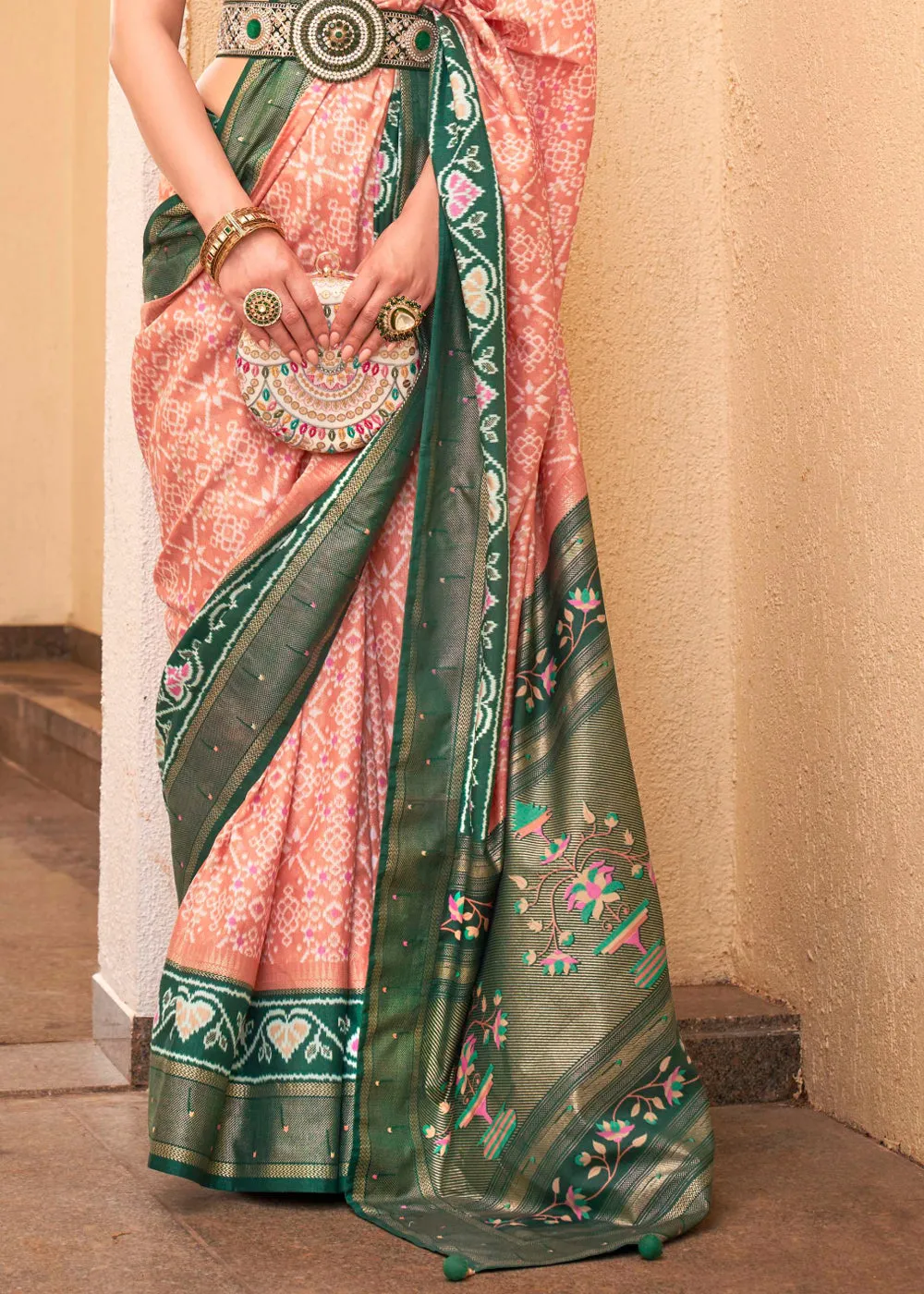 Plum Peach Printed Patola Soft Silk Saree