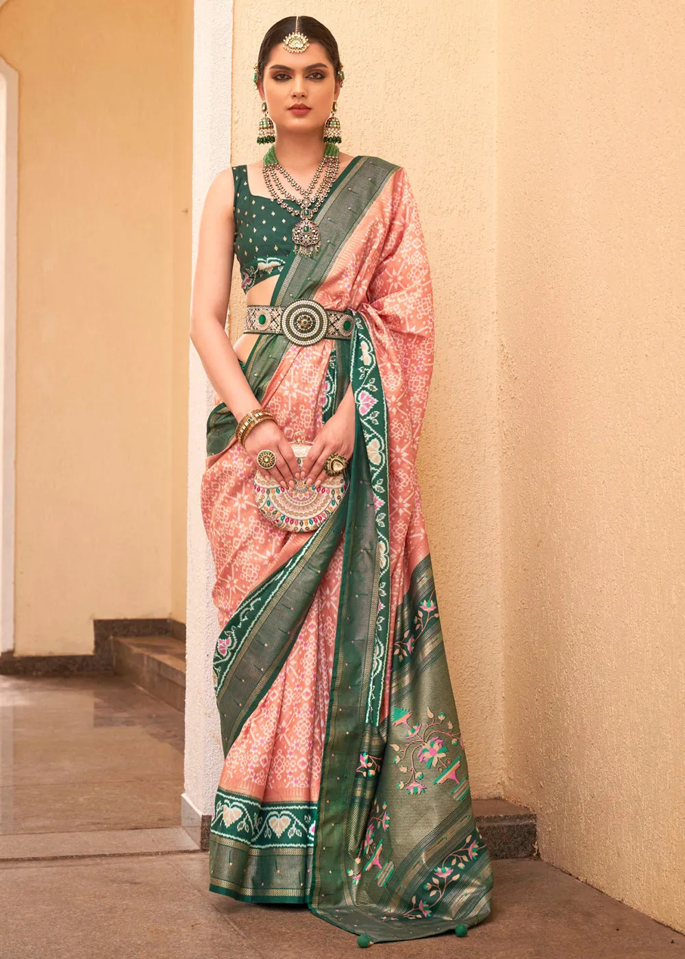 Plum Peach Printed Patola Soft Silk Saree