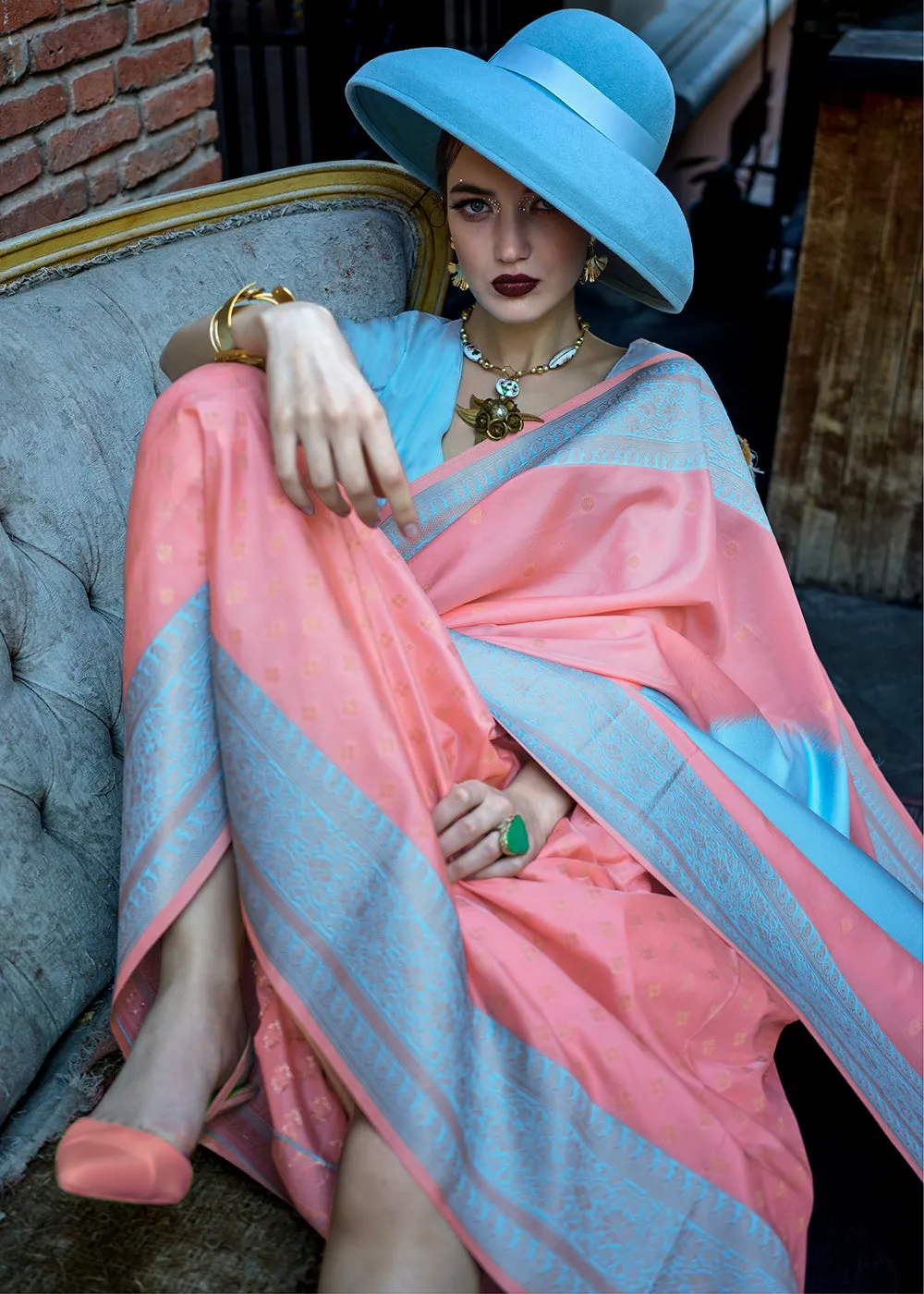 Plum Peach Woven Soft Silk Saree