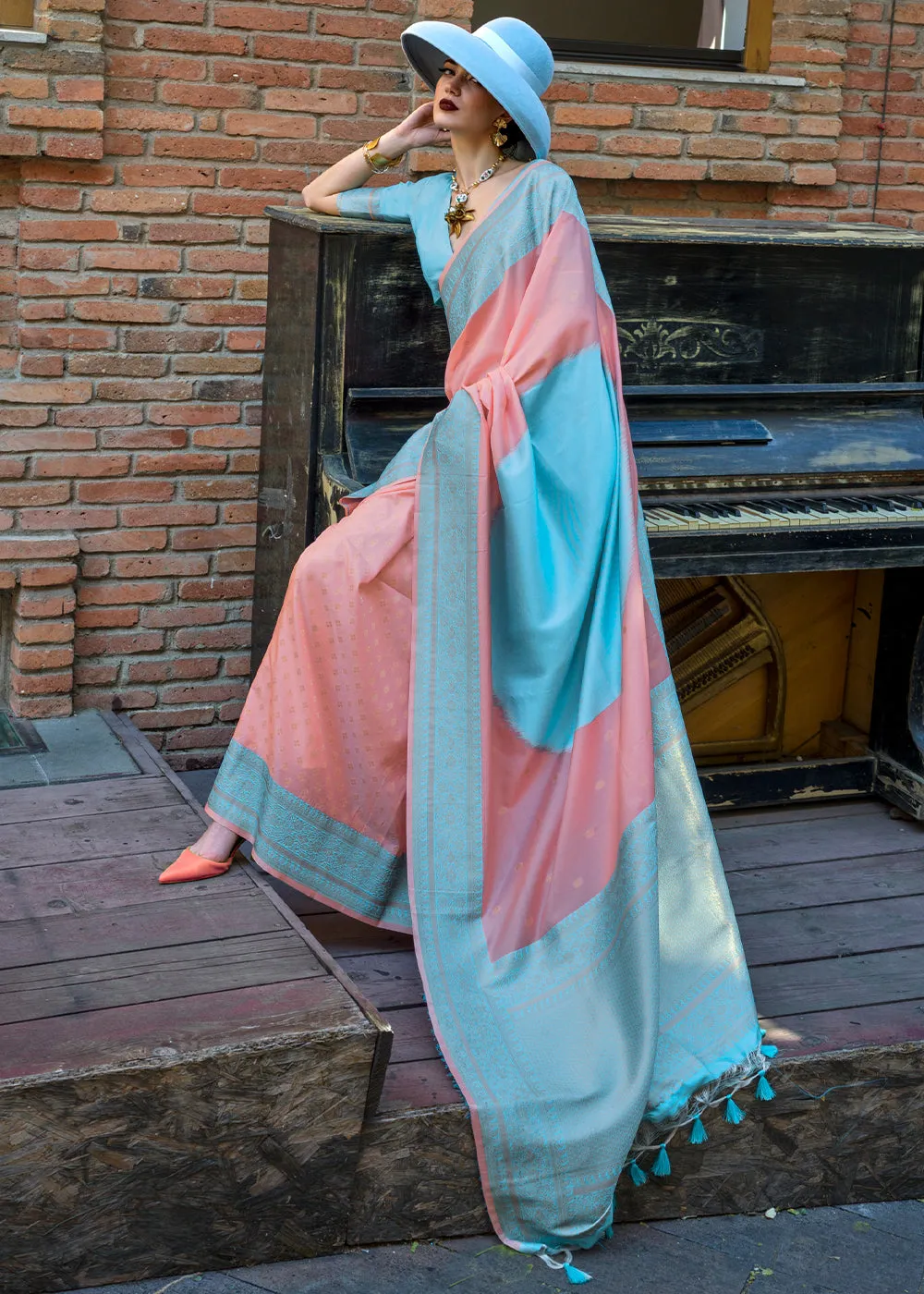 Plum Peach Woven Soft Silk Saree