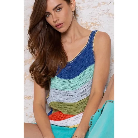 POL Blue Multi Striped Sleeveless Layering Sweater
