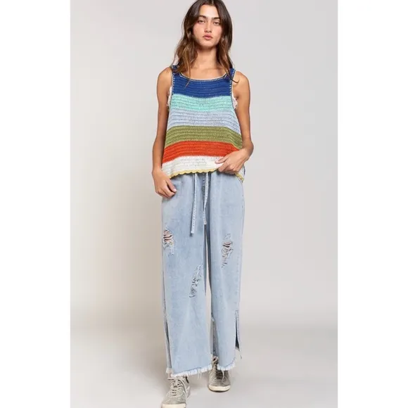POL Blue Multi Striped Sleeveless Layering Sweater