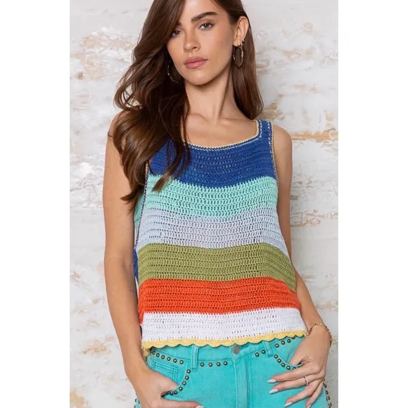 POL Blue Multi Striped Sleeveless Layering Sweater