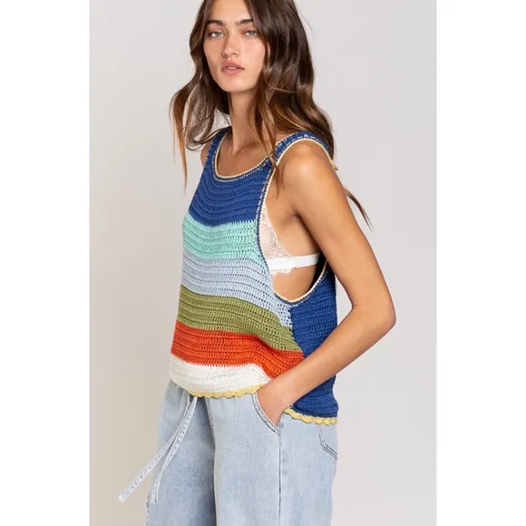 POL Blue Multi Striped Sleeveless Layering Sweater