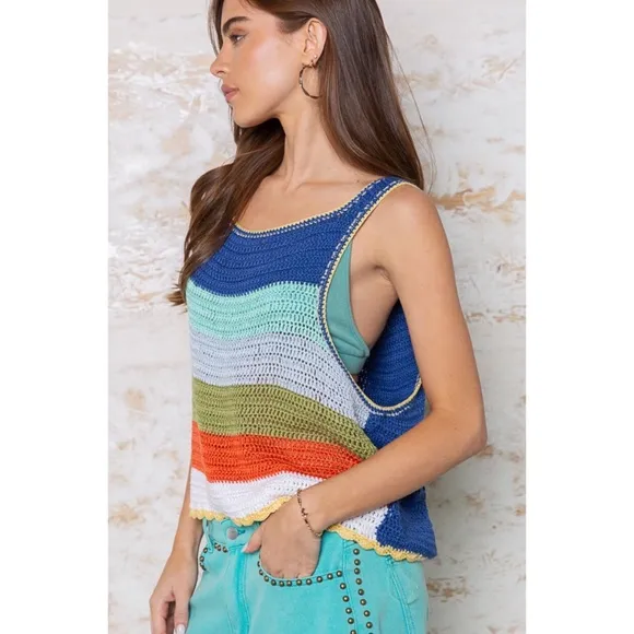 POL Blue Multi Striped Sleeveless Layering Sweater