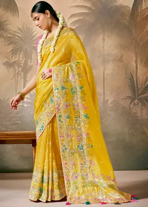 Pre Order: Sunflower Yellow Woven Soft Silk Saree With Brocade Blouse