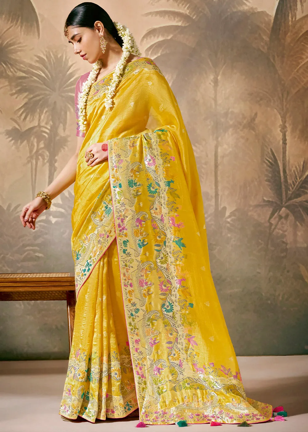 Pre Order: Sunflower Yellow Woven Soft Silk Saree With Brocade Blouse