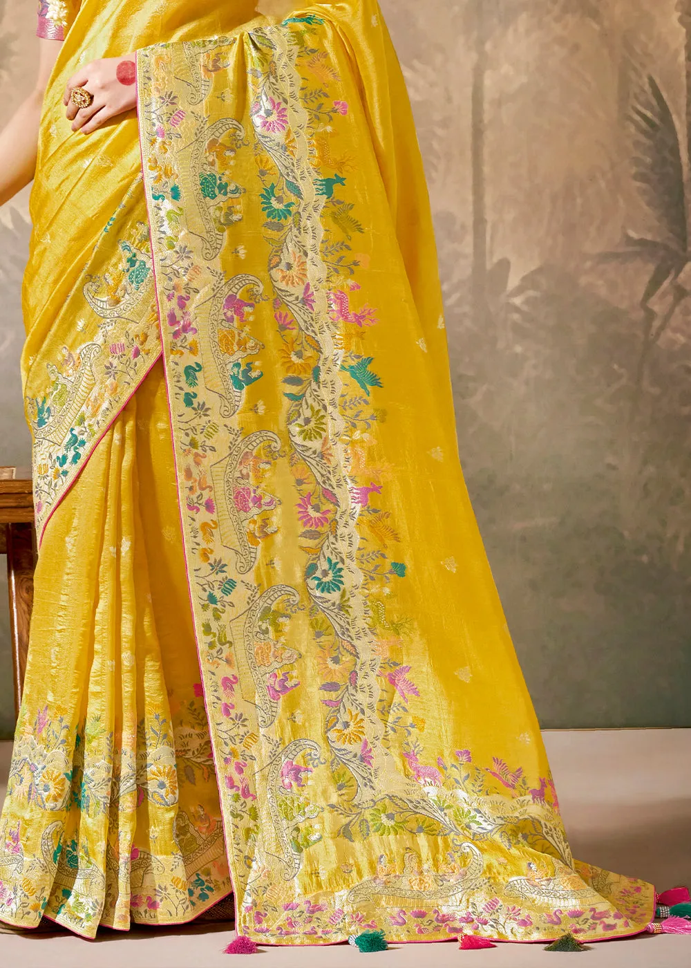 Pre Order: Sunflower Yellow Woven Soft Silk Saree With Brocade Blouse