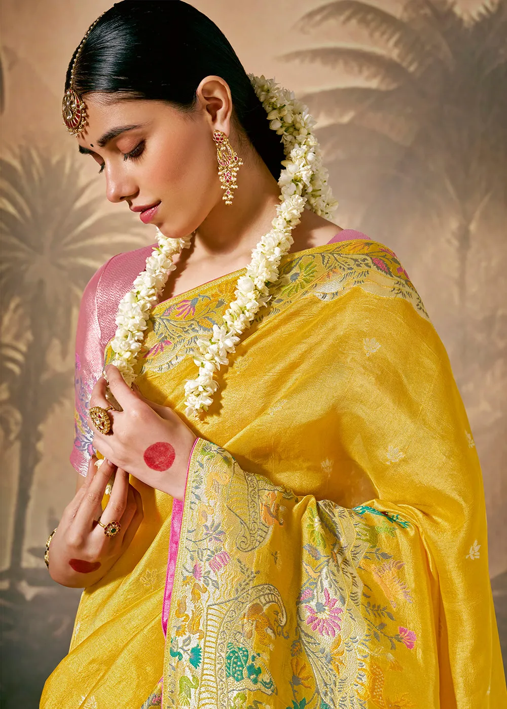 Pre Order: Sunflower Yellow Woven Soft Silk Saree With Brocade Blouse