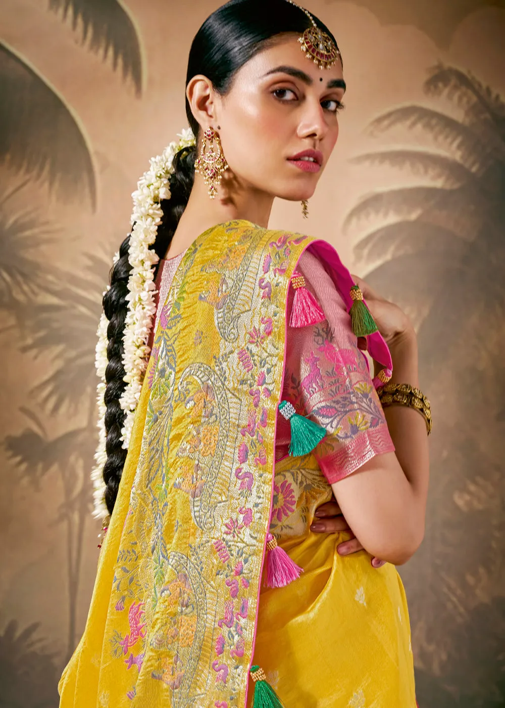 Pre Order: Sunflower Yellow Woven Soft Silk Saree With Brocade Blouse