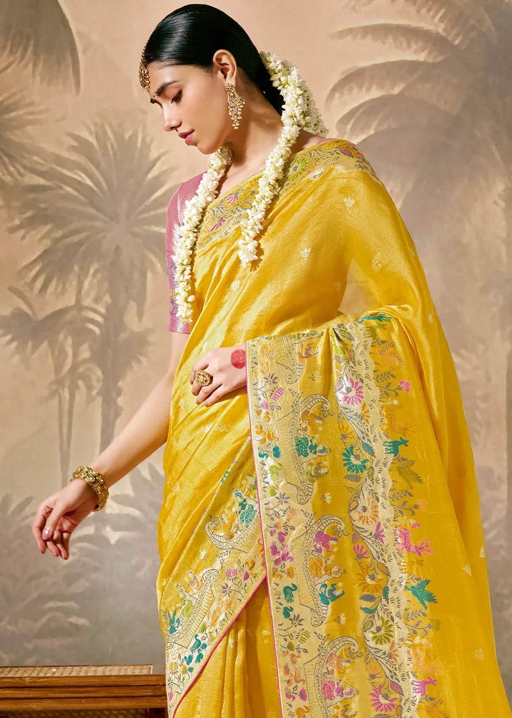 Pre Order: Sunflower Yellow Woven Soft Silk Saree With Brocade Blouse