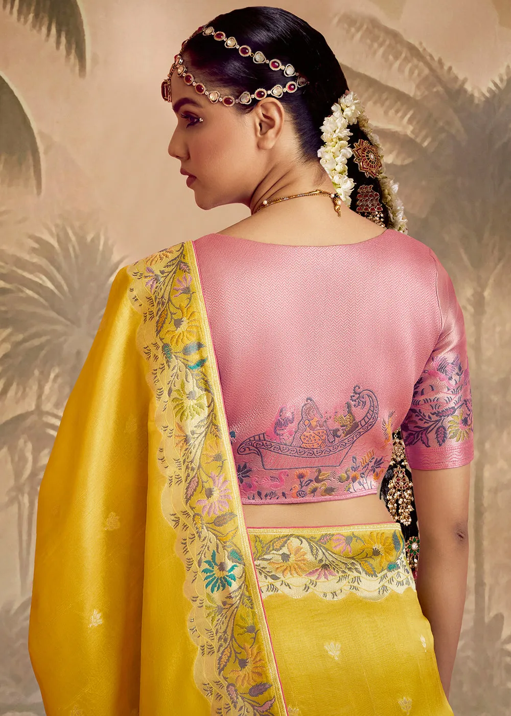 Pre Order: Sunflower Yellow Woven Soft Silk Saree With Brocade Blouse