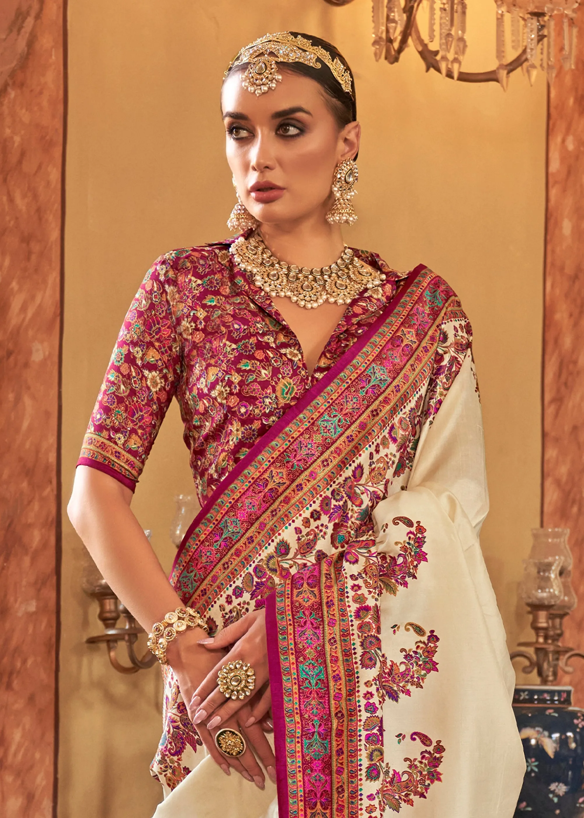 Pristine White Printed Kashmiri Jamewar Saree