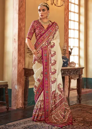 Pristine White Printed Kashmiri Jamewar Saree