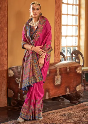 Queen Pink Printed Kashmiri Jamewar Saree