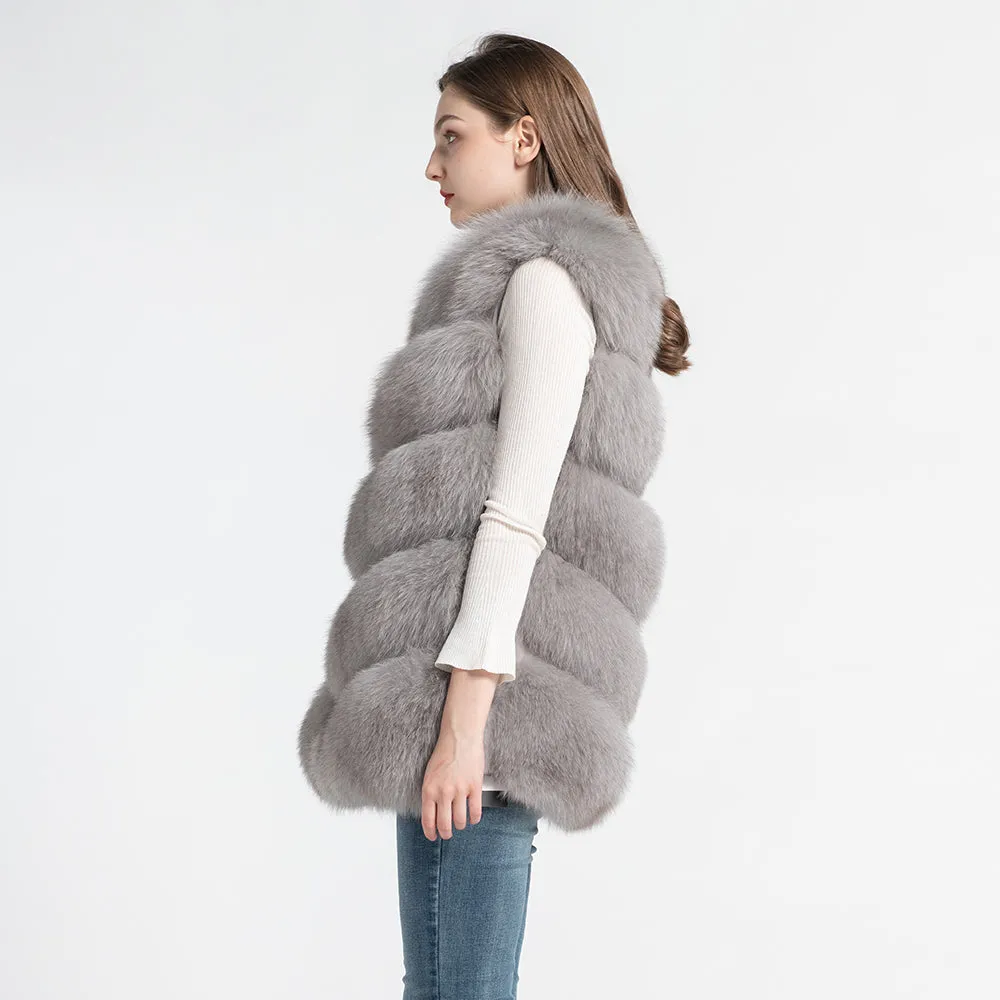 Real Fox Fur Gilet Women Winter Genuine Fur Long 5 Rows Light Grey Vest