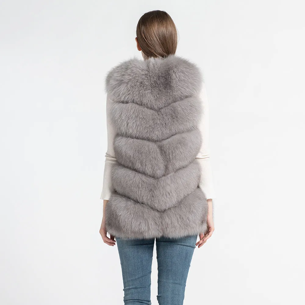 Real Fox Fur Gilet Women Winter Genuine Fur Long 5 Rows Light Grey Vest