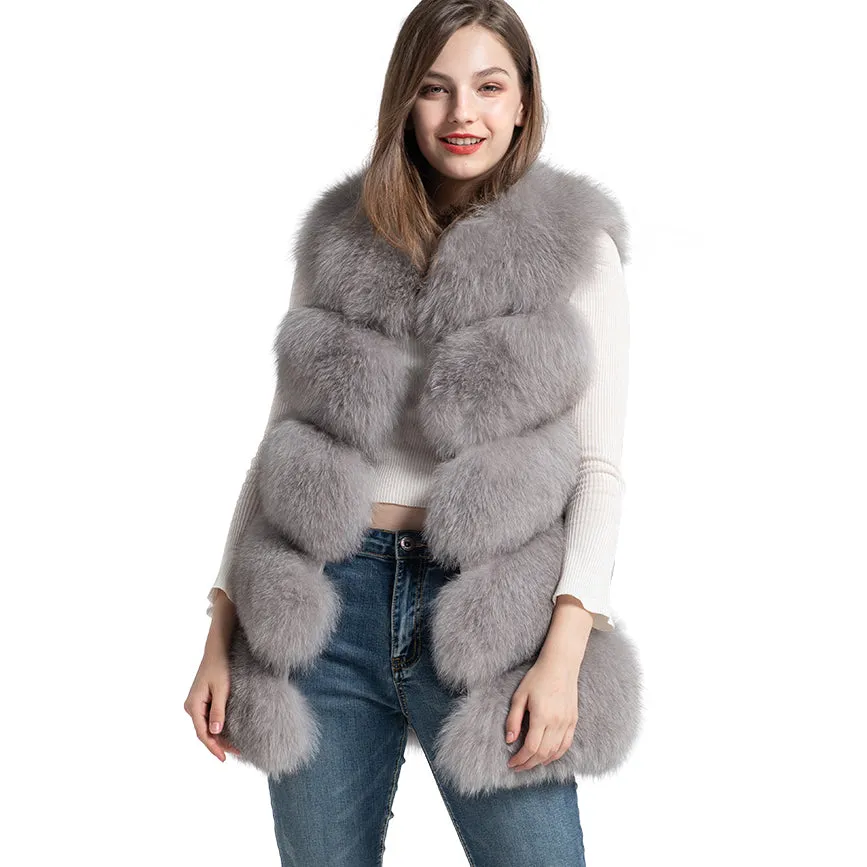Real Fox Fur Gilet Women Winter Genuine Fur Long 5 Rows Light Grey Vest