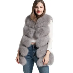 Real Fox Fur Gilet Women Winter Genuine Fur Long 5 Rows Light Grey Vest