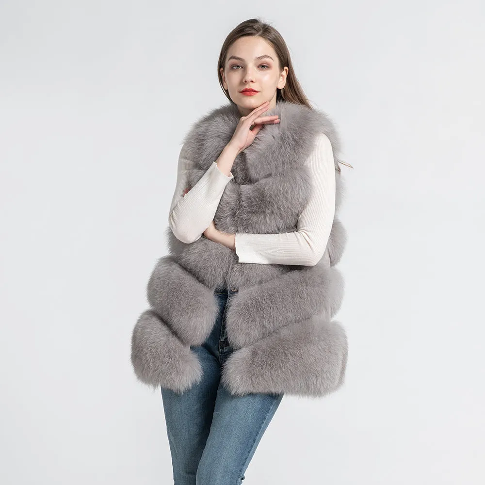 Real Fox Fur Gilet Women Winter Genuine Fur Long 5 Rows Light Grey Vest