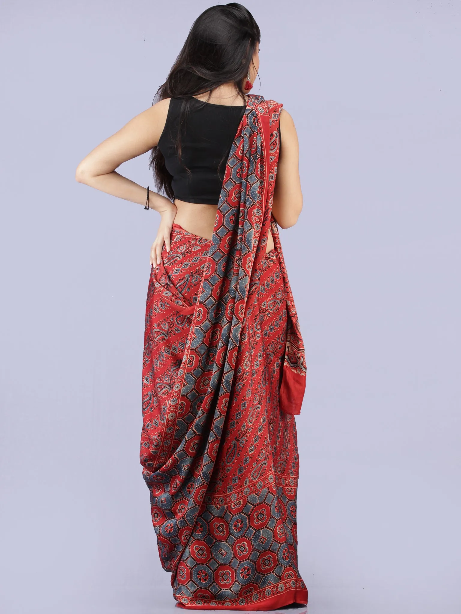Red Black Grey Ajrakh Hand Block Printed Modal Silk Saree - S031704265