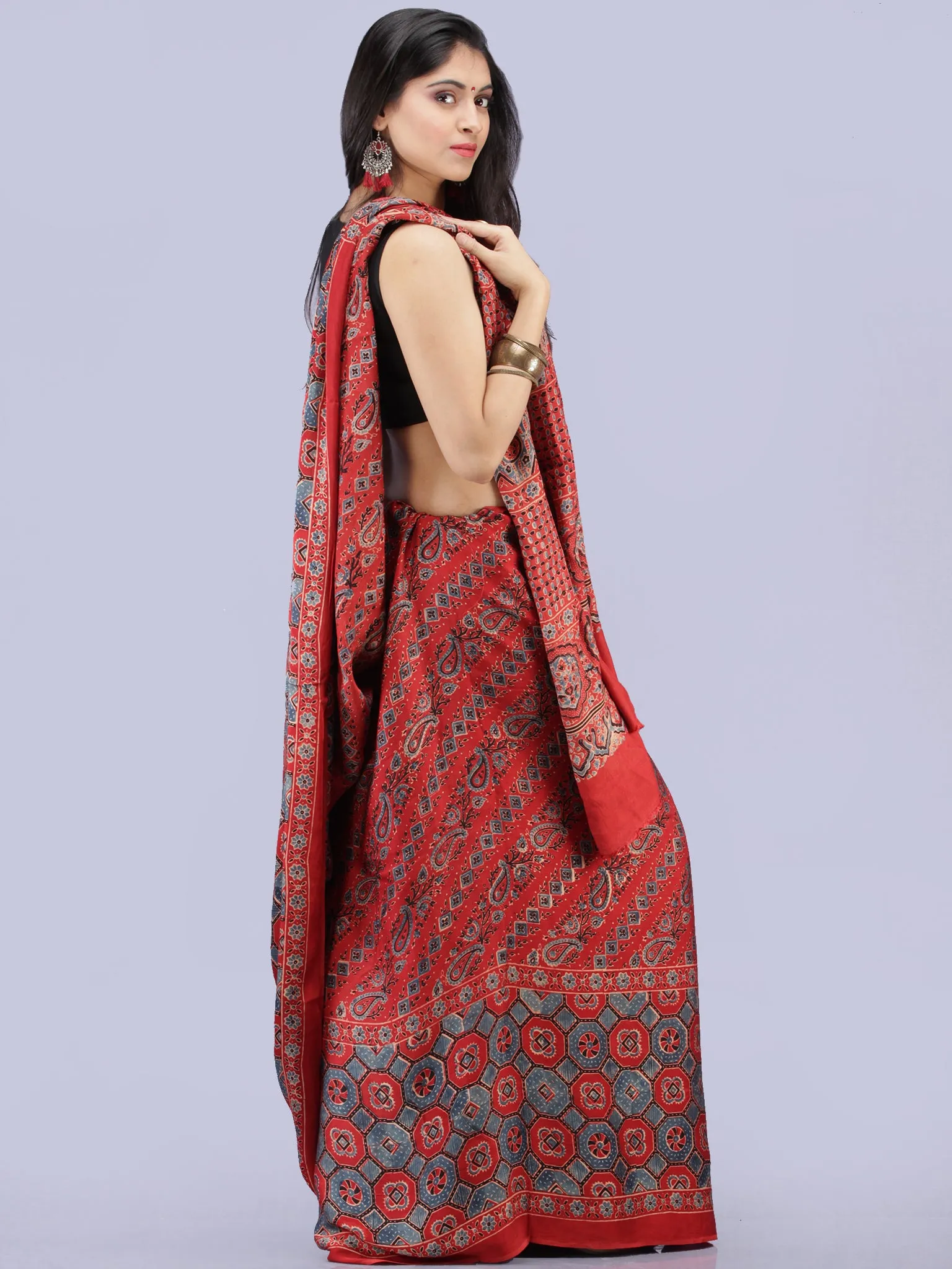 Red Black Grey Ajrakh Hand Block Printed Modal Silk Saree - S031704265