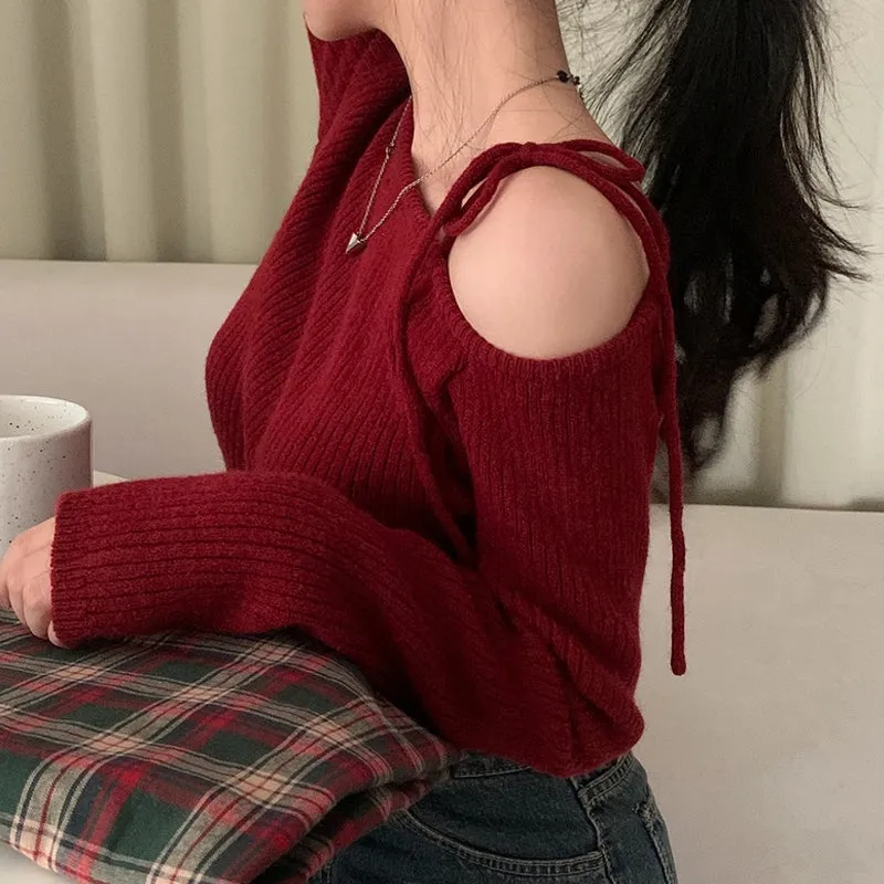 Red Cold Shoulder Tie Up Top