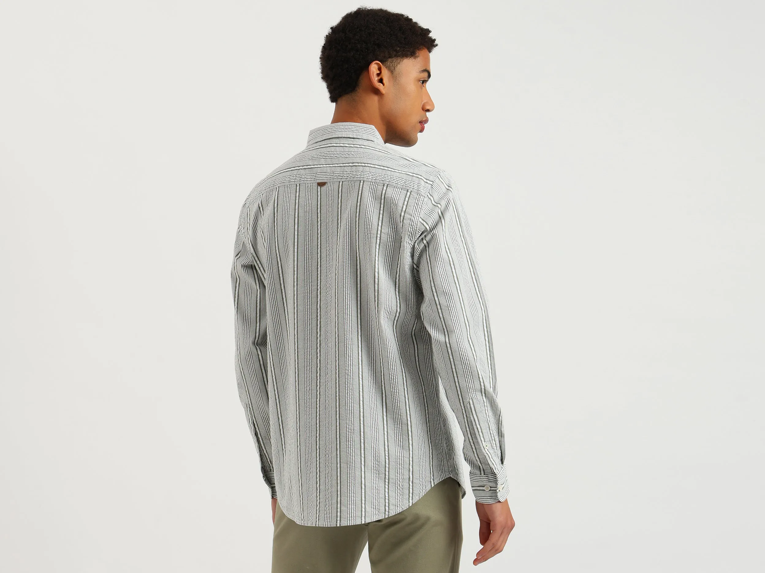 Regular Fit Button Down Collar Seersucker Stretch Striped Shirt