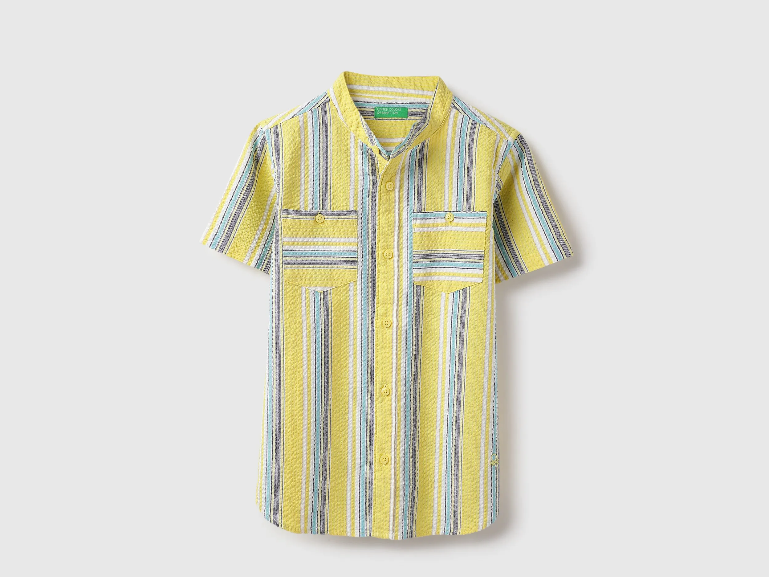 Regular Fit Mandarin Collar Seersucker Striped Shirt