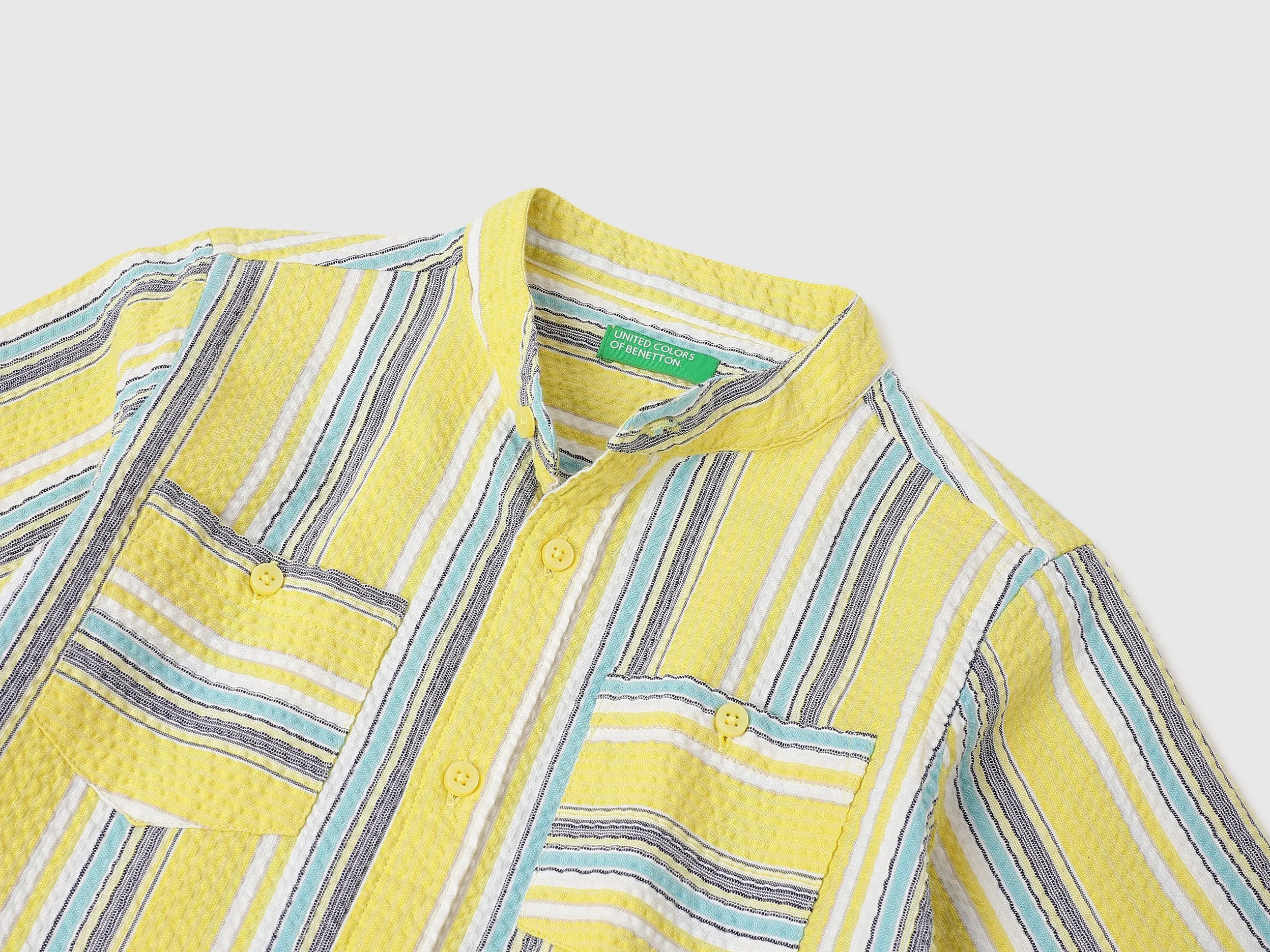 Regular Fit Mandarin Collar Seersucker Striped Shirt