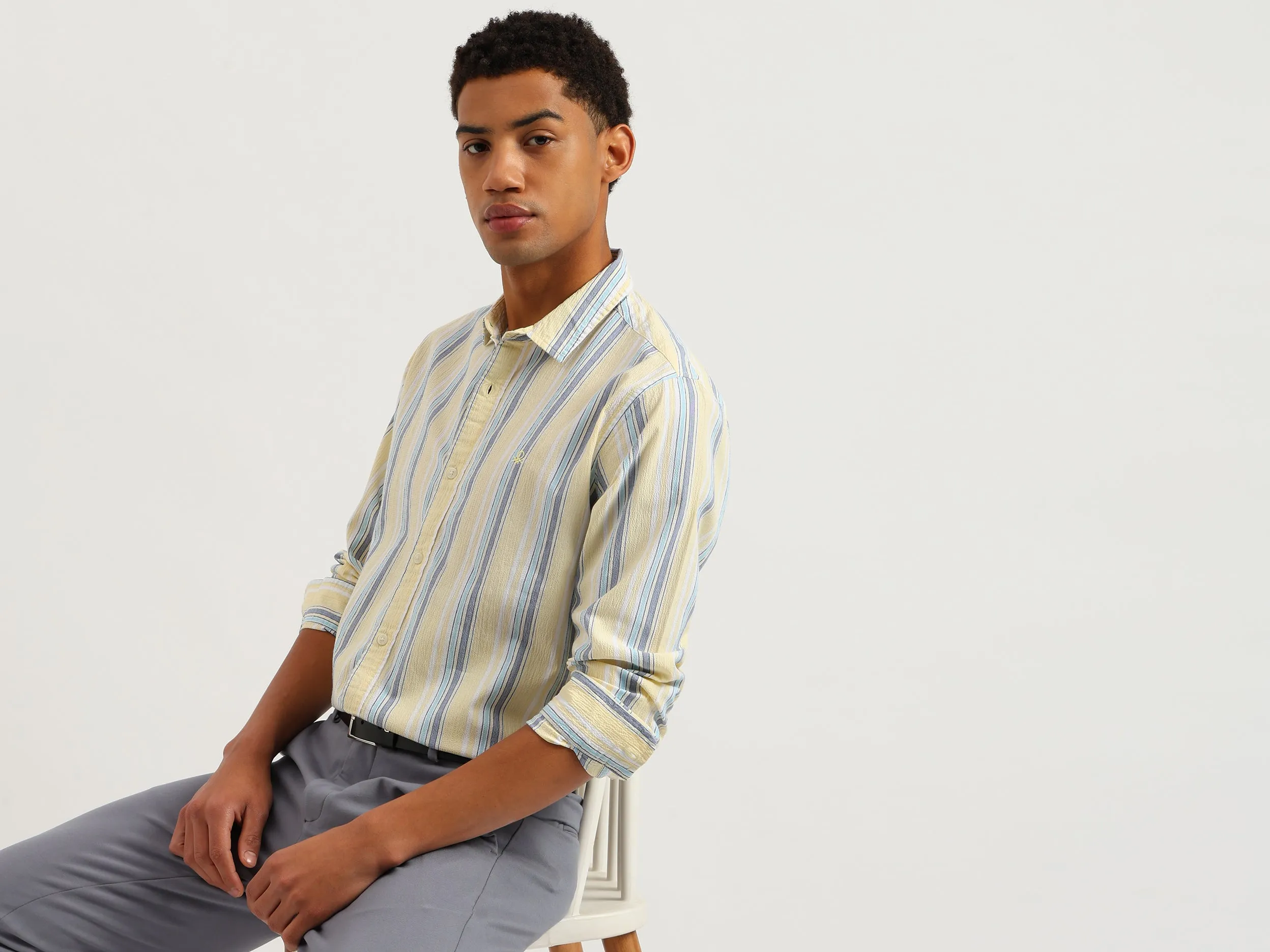 Regular Fit Spread Collar Crinkle Striped Shirt