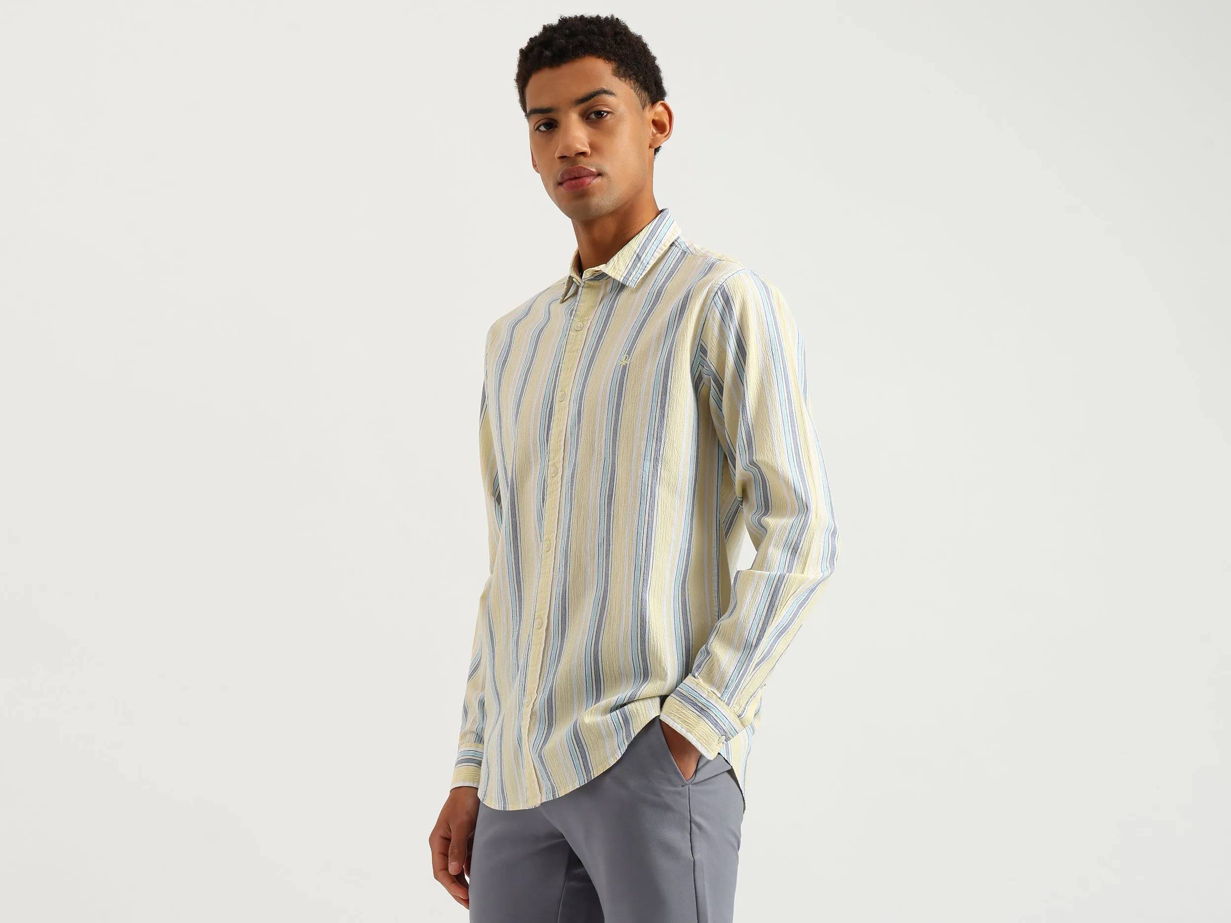 Regular Fit Spread Collar Crinkle Striped Shirt
