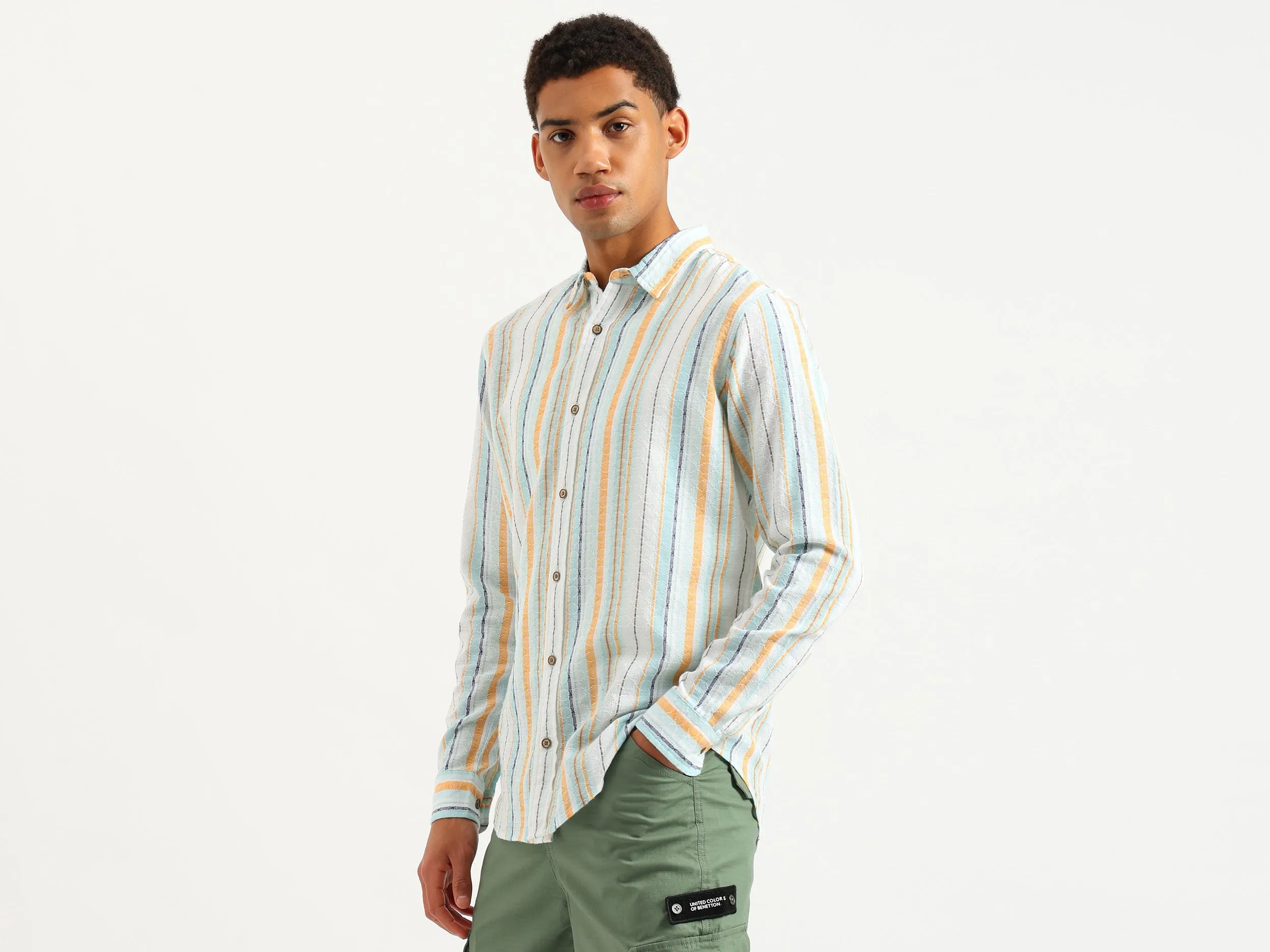 Regular Fit Spread Collar Dobby Striped Shirt