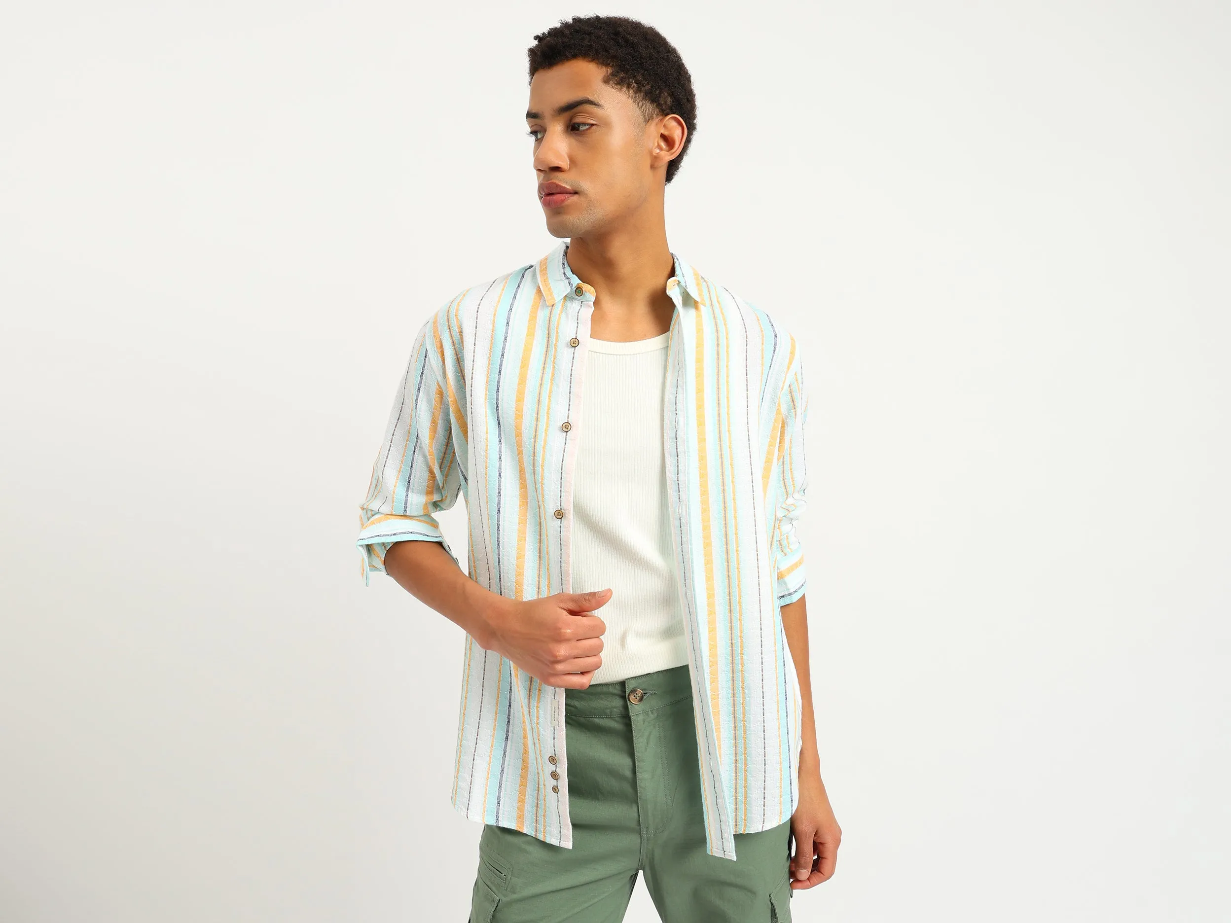 Regular Fit Spread Collar Dobby Striped Shirt