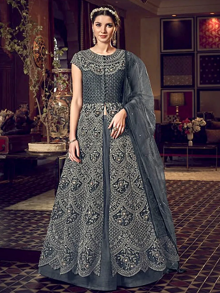 Rehana Dark Grey Butterfly Net Embroidered Floor Length Suit