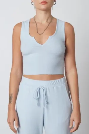 Ribbed Lettuce Hem Notched U Neck Sleeveless Tank Crop Top