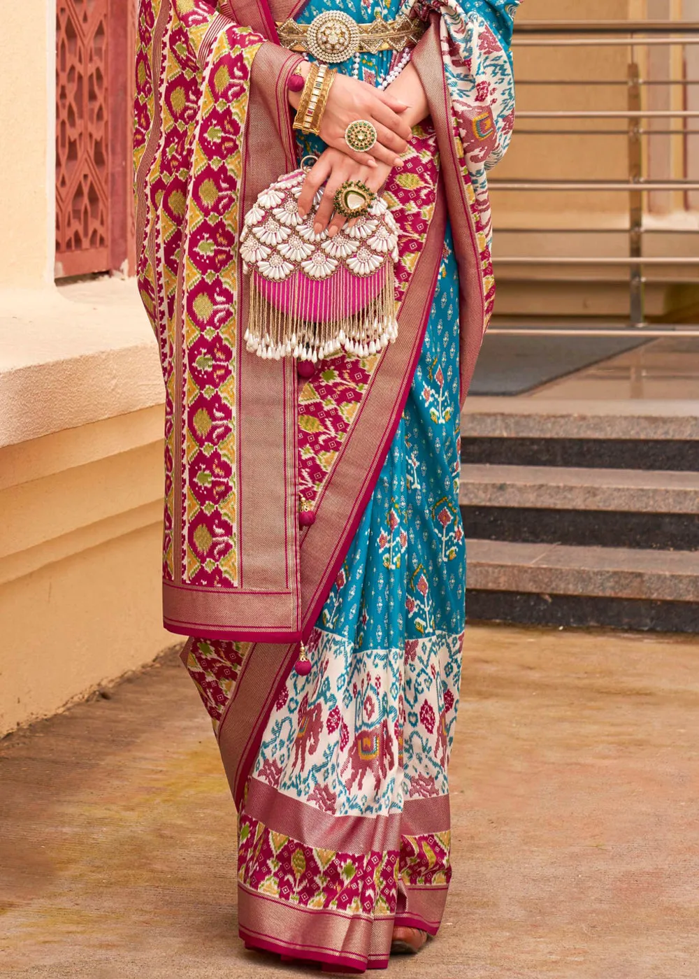 River Blue Printed Patola Soft Silk Saree