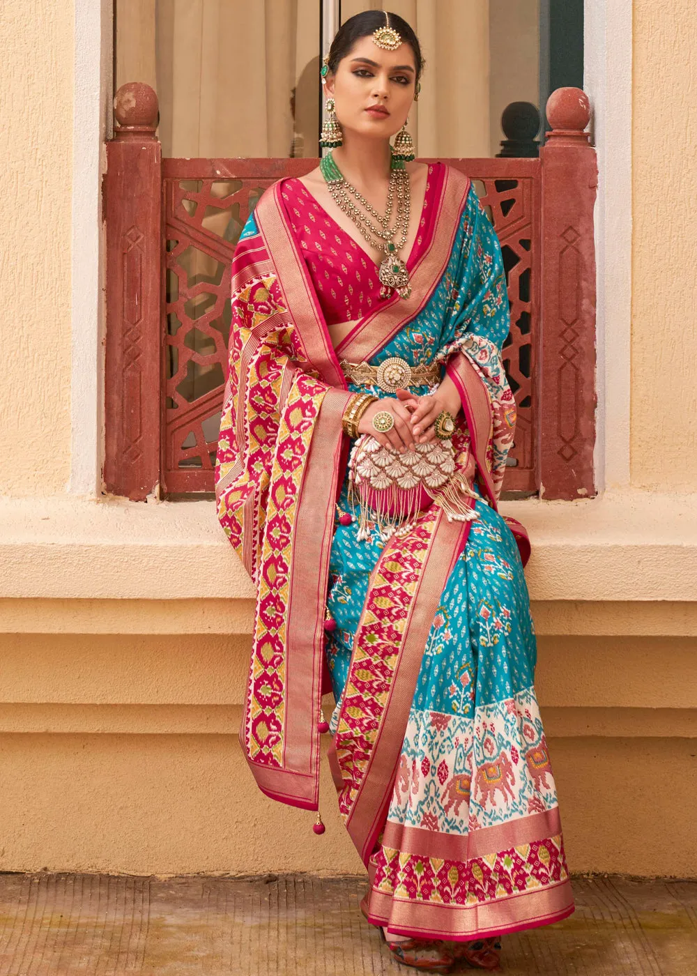 River Blue Printed Patola Soft Silk Saree