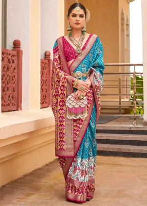 River Blue Printed Patola Soft Silk Saree