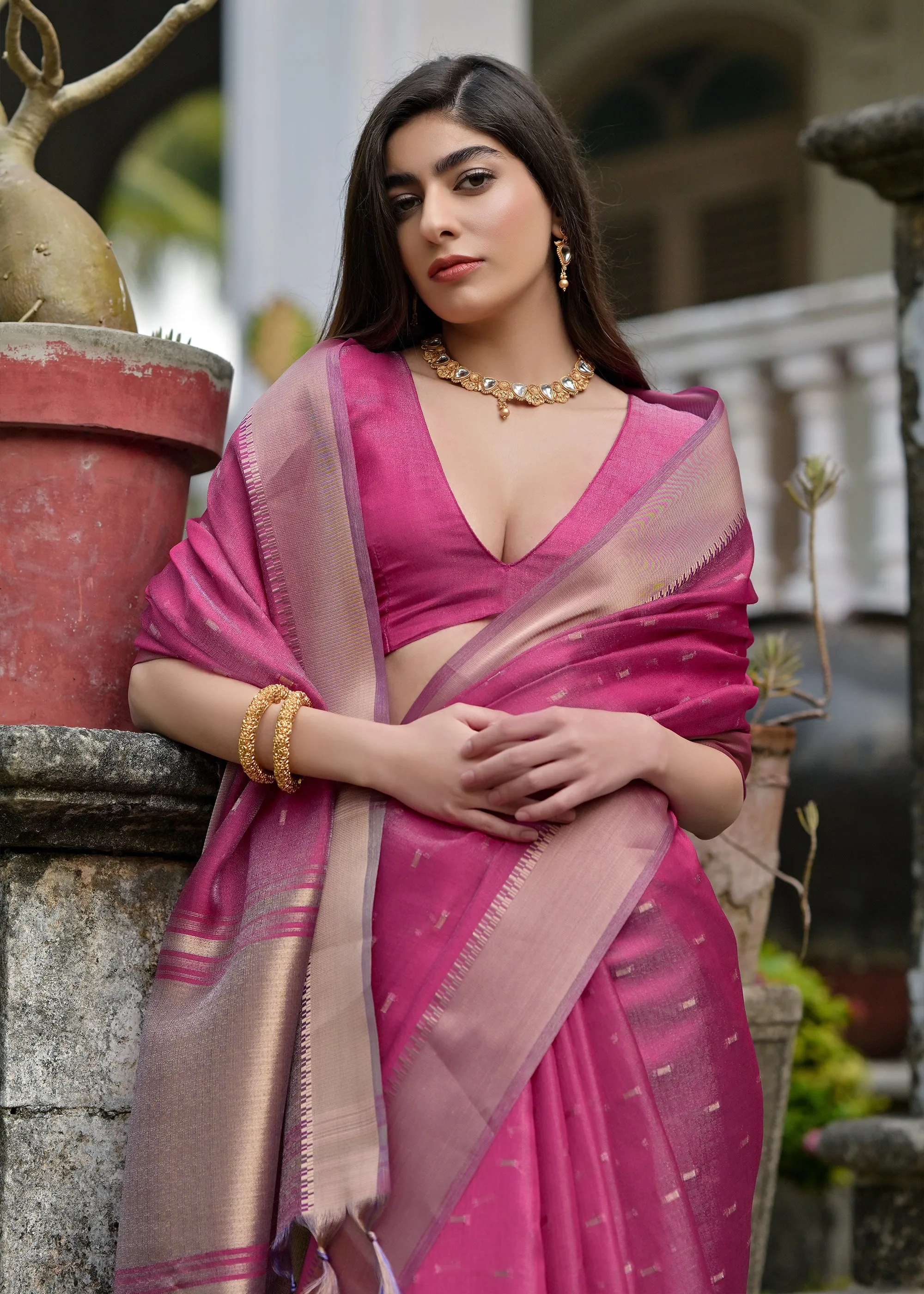 Rosebud Purple Woven Tussar Silk Saree