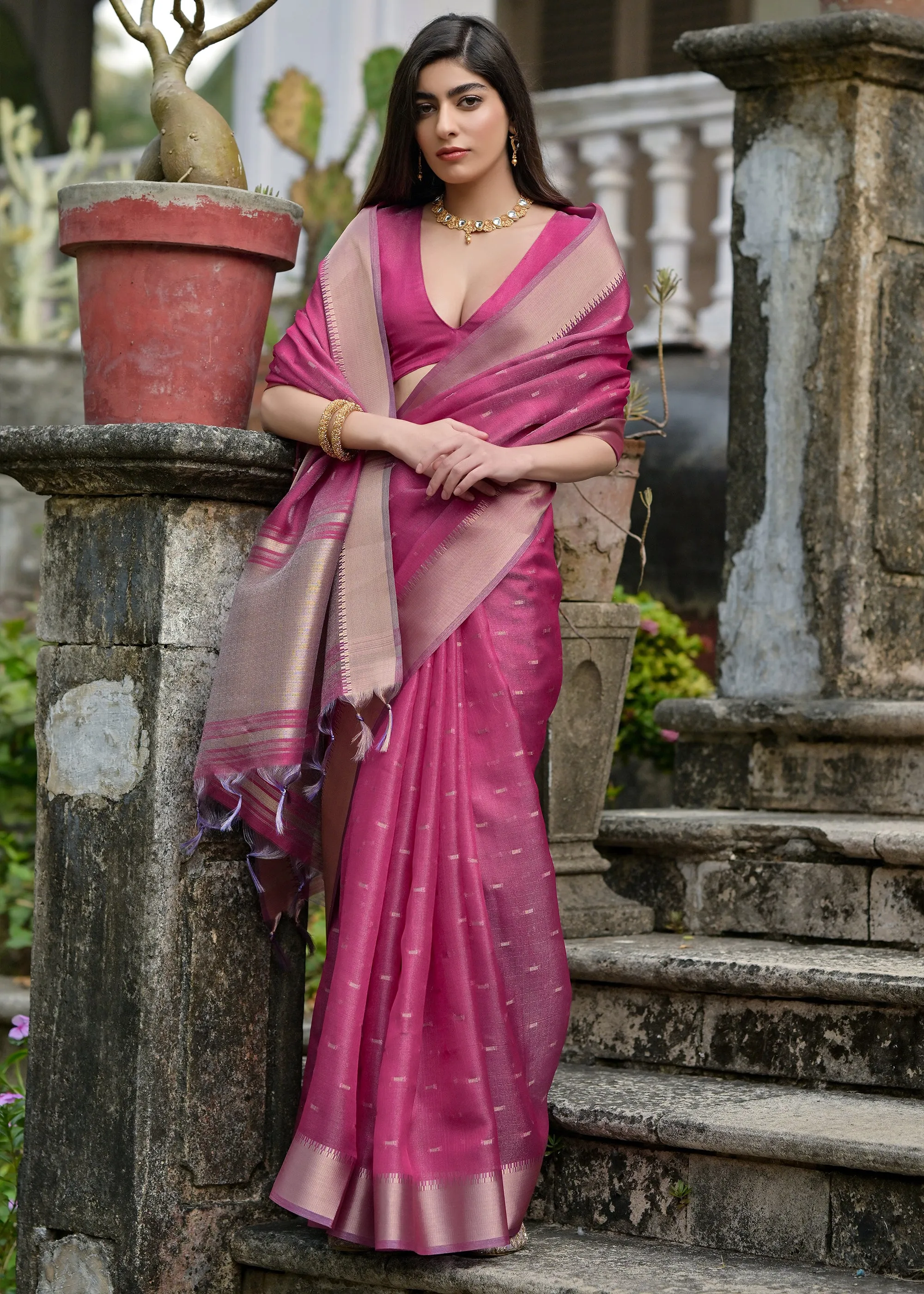Rosebud Purple Woven Tussar Silk Saree