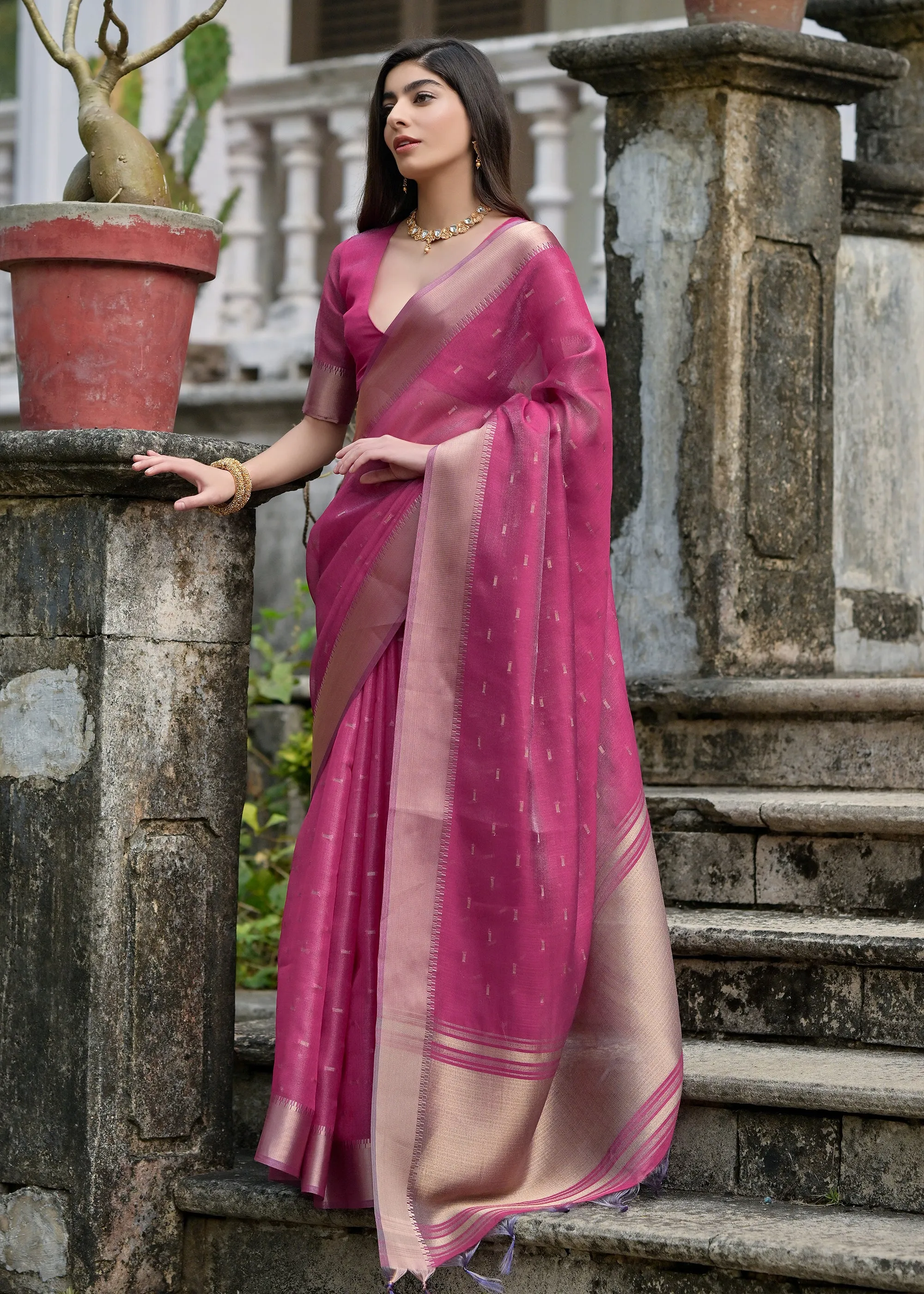 Rosebud Purple Woven Tussar Silk Saree