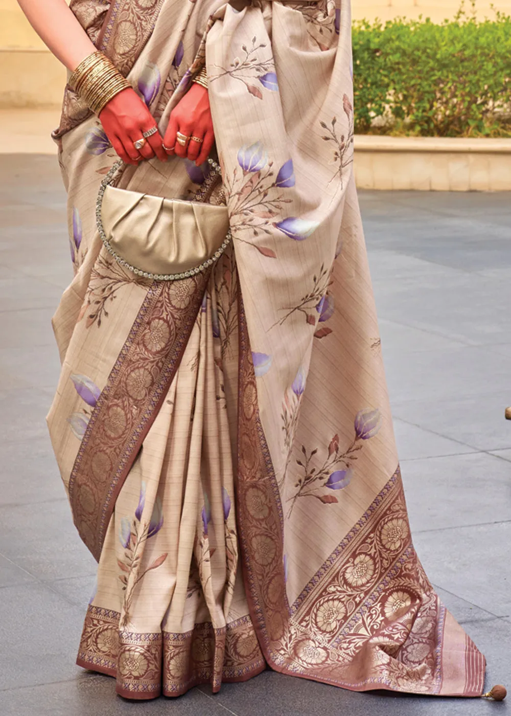 Safari Beige Floral Printed Soft Silk Saree