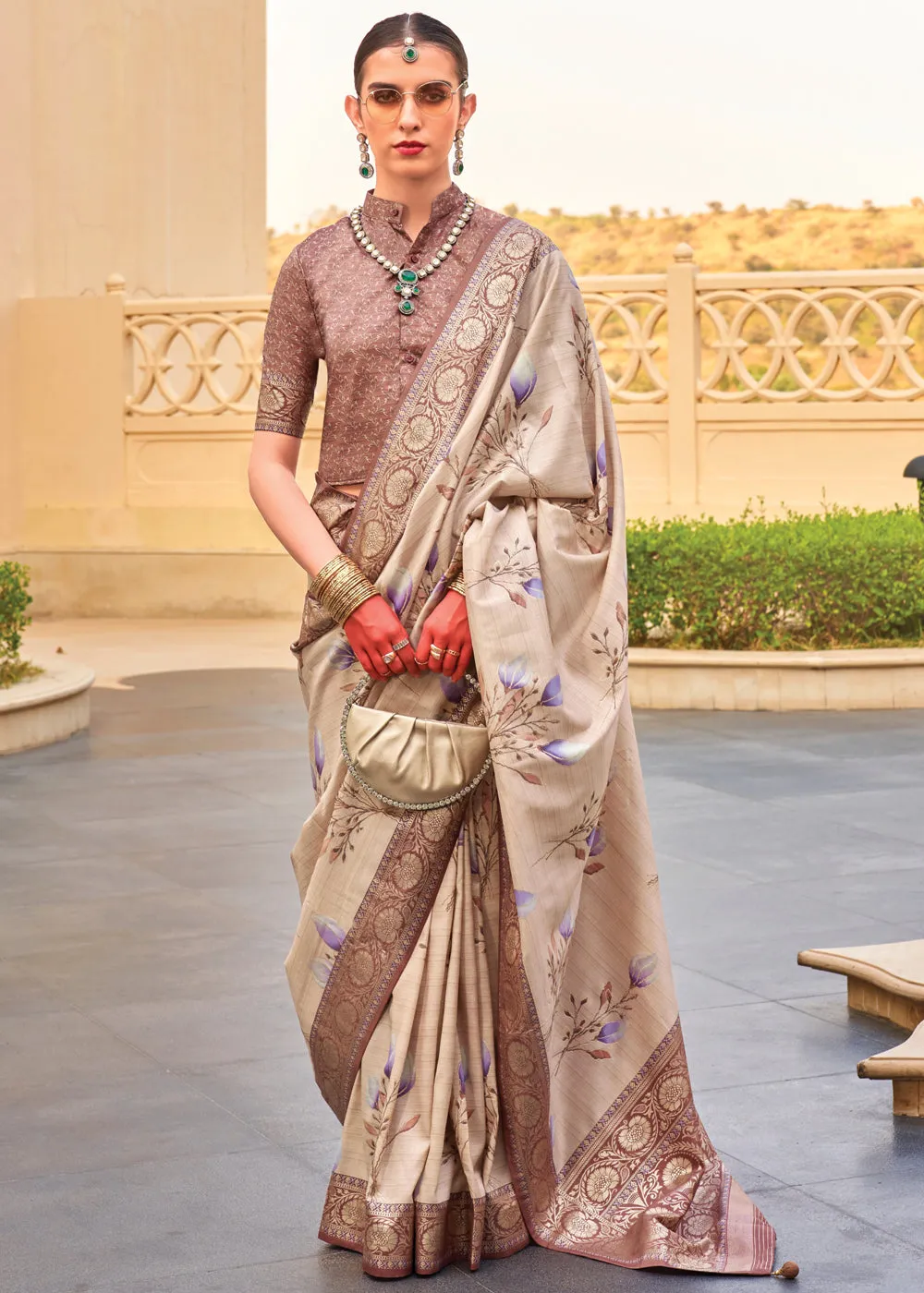 Safari Beige Floral Printed Soft Silk Saree