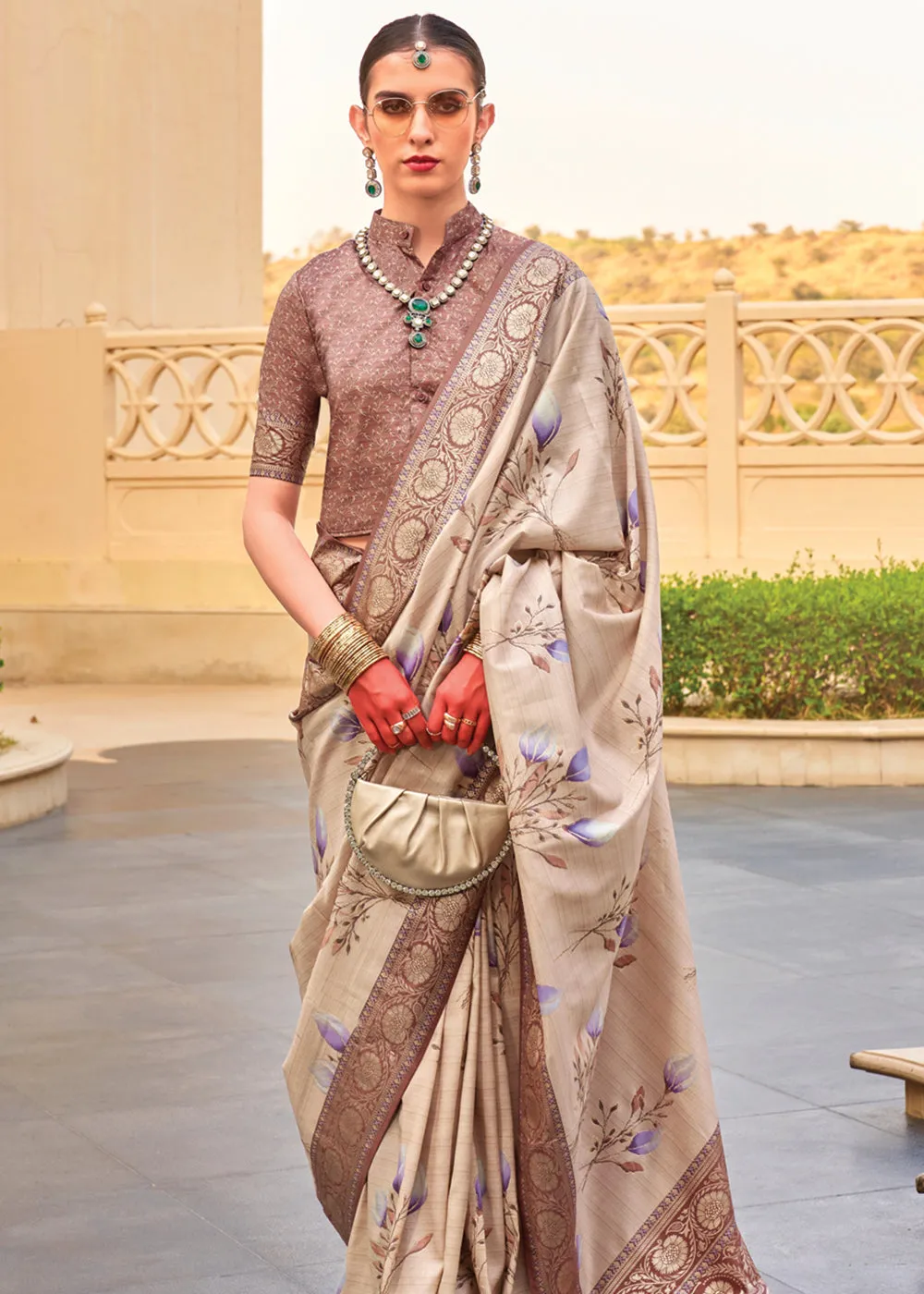 Safari Beige Floral Printed Soft Silk Saree
