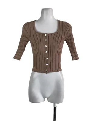 Sand Beige Ribbed Knit Scoop Neck Top
